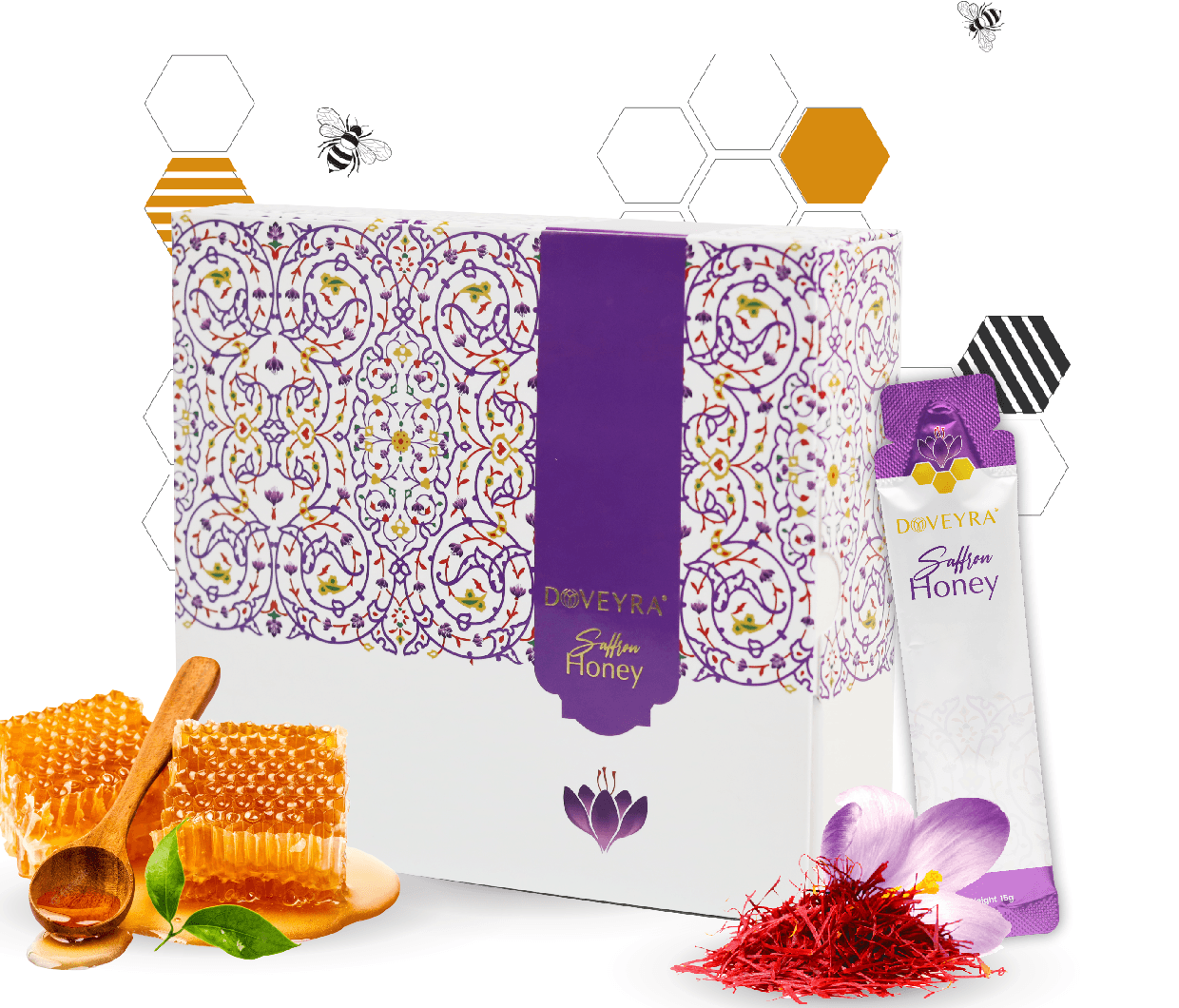 Doveyra Saffron Honey box with a single 15 g sachet